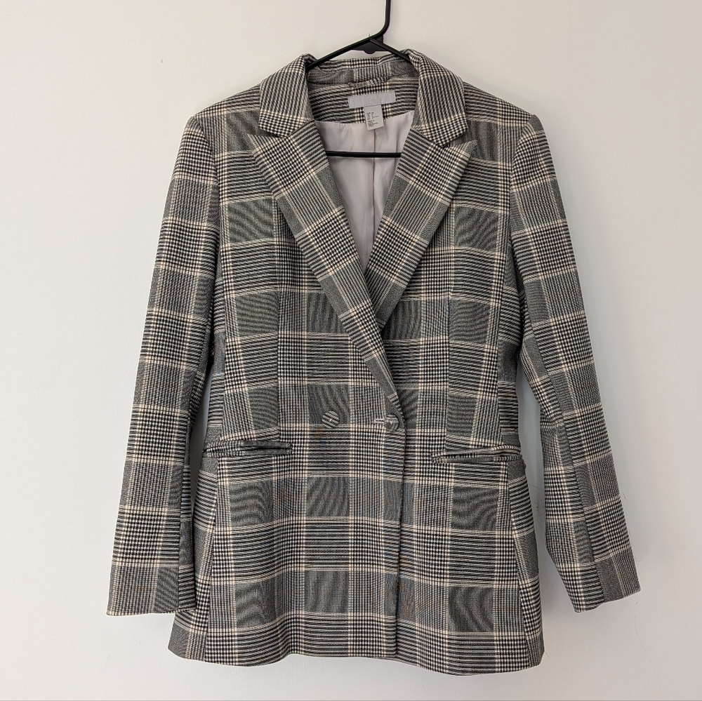 H&M Black Gray and White Checkered Blazer